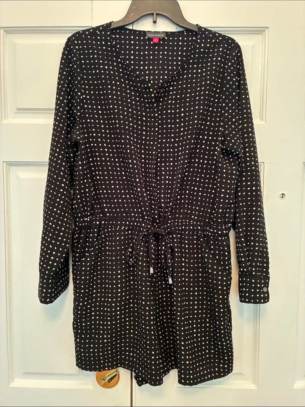 Vince Camuto Black Polka Dot Long Sleeve Romper with Drawstring Waist